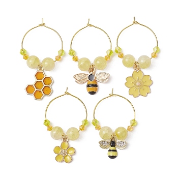 Bees & Honeycomb Alloy Enamel Wine Glass Charms, with Imitation Jade Glass Beads and Brass Rings, Mixed Color, 43.5~52mm
