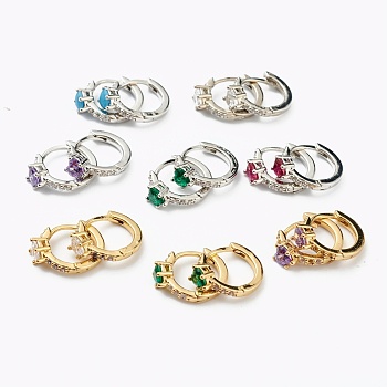 Brass Micro Pave Cubic Zirconia Huggie Hoop Earrings, Ring with Heart, Platinum & Golden, Mixed Color, 14x12x1.5mm, Pin: 1mm