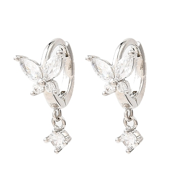 Butterfly Platinum Brass Dangle Hoop Earrings, with Clear Cubic Zirconia, Long-Lasting Plated, Lead Free & Cadmium Free, Clear, 18x7.5mm