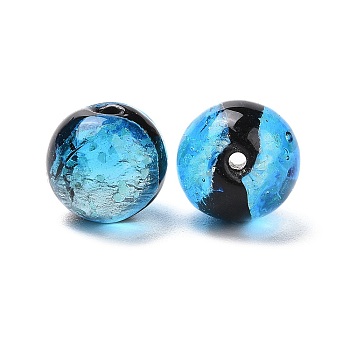 Handmade Silver Foil Glass Beads, Luminous Style, Glow in the Dark, Round, Sky Blue, 10mm, Hole: 1.4mm