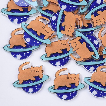 Plastic Kitten Cabochons, Cat with Planet, Sandy Brown, 31.5x36x3mm