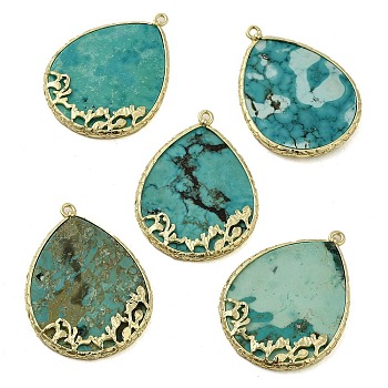 Natural Turquoise Dyed Pendants, Teardrop Charms with Rack Plating Golden Plated Brass Findings, 37x27.5x4mm, Hole: 1.6mm