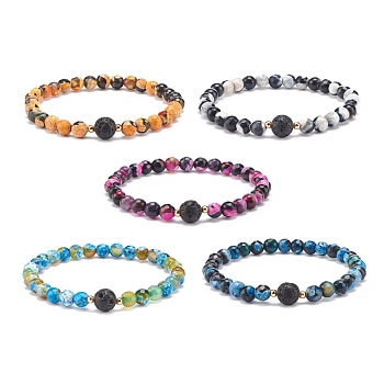 Natural Fire Crackle Agate & Lava Rock Stretch Bracelet, Essential Oil Gemstone Jewelry for Women, Mixed Color, Inner Diameter: 2-1/4 inch(5.6cm)