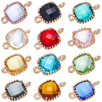 24Pcs 12 Colors Faceted Glass Connector Charms, Square Links with Golden Plated Brass Findings, Mixed Color, 14.5x9.5x3.5mm, Hole: 0.8~1.2mm, 2pcs/color