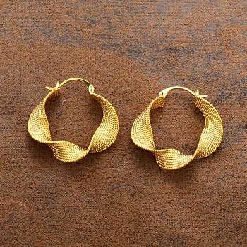 Textured Twist Brass Hoop Earrings for Women, Real 22K Gold Plated, 33.5x8mm