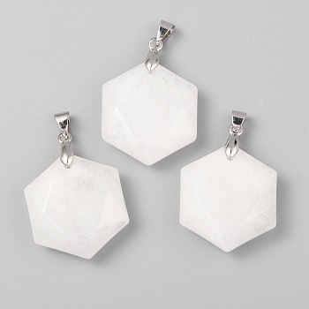 Faceted Natural White Jade Pendants, with Platinum Tone Brass Findings, Hexagon, 28x25x9mm, Hole: 4x5mm