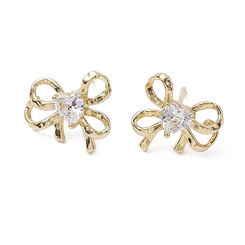 Bowknot Brass Stud Earrings, with Clear Cubic Zirconia, Long-Lasting Plated, Lead Free & Cadmium Free, Real 18K Gold Plated, 13.5x15.5mm