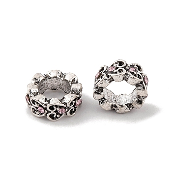Rack Plating Alloy European Beads, with Rhinestone, Large Hole Beads, Heart, Antique Silver, 9.5x4mm, Hole: 6.5mm
