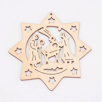 Undyed Wooden Pendant, Eight Pointed Star, For Christmas Theme, Antique White, 99.5x3mm, Hole: 2mm