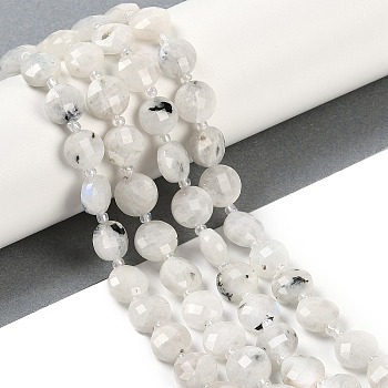 Natural Rainbow Moonstone Beads Strands, Faceted, Flat Round, with Seed Beads, 9.5~10x5~6mm, Hole: 1mm, about 32~34pcs/strand, 15.75~14.96''(38~40cm)