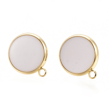 Brass Stud Earring Findings, with Enamel and Loop, Flat Round, Nickel Free, Real 18K Gold Plated, Creamy White, 16.5x14mm, Hole: 1.5mm, Pin: 0.7mm
