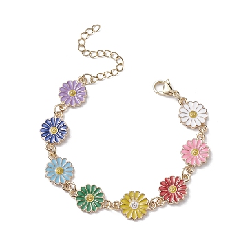 Sunflower Zinc Alloy Enamel Link Bracelets for Women, Colorful, 6-3/4 inch(17cm), Flower: 18x12mm