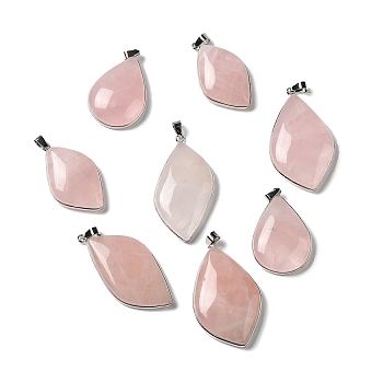 Natural Rose Quartz Pendants, Leaf Charms, with Rack Plating Platinum Plated Brass Findings, Cadmium Free & Lead Free, 35.5~46.5x22~27x6.5~8.5mm, Hole: 5.4x4mm