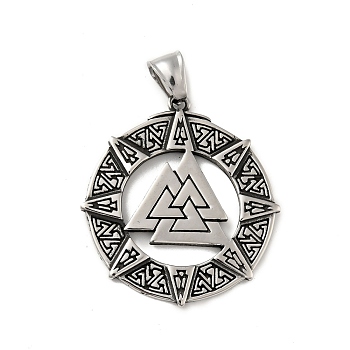 304 Stainless Steel Pendants, Viking Valknut Symbol, Flat Round with Triangle, Antique Silver, 42x38x2mm, Hole: 8x4mm