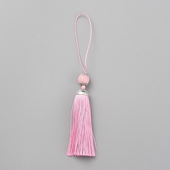 Polyester Tassel Big Pendants Decorations, with Acrylic Beaded and Platinum Alloy Findings, Pearl Pink, 188mm