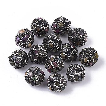Polymer Clay Rhinestone Beads, with Natural Tourmaline Chips, Round, 16~18mm, Hole: 1.6mm