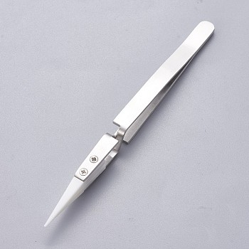 Stainless Steel Beading Tweezers, with Porcelain, Stainless Steel Color, 14x0.85~0.9cm