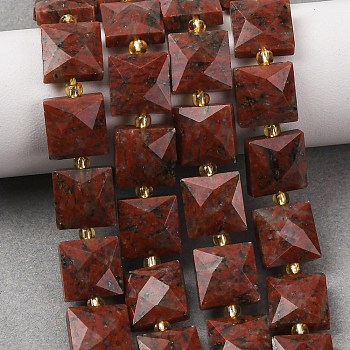 Natural Red Sesame Jasper Beads Strands, Faceted, Square, with Seed Beads, 10.5x10.5x4.5~5.5mm, Hole: 1mm, about 31pcs/strand, 14.76~15.16''(37.5~38.5cm)
