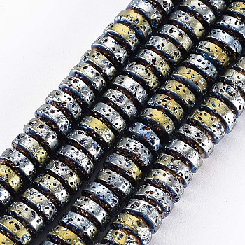 Electroplated Natural Lava Rock Beads Strands, Flat Round/Disc, Heishi Beads, Bumpy, Cornflower Blue, 8.5x4mm, Hole: 1mm, about 104~105pcs/strand, 15.75 inch~15.94 inch(40cm~40.5cm)