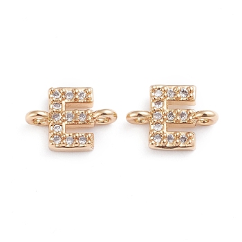 Brass Micro Pave Cubic Zirconia Links Connectors, Long-Lasting Plated, Letter, Clear, Real 18K Gold Plated, Letter.E, 7.2x9.8x2.8mm, Hole: 1.2mm