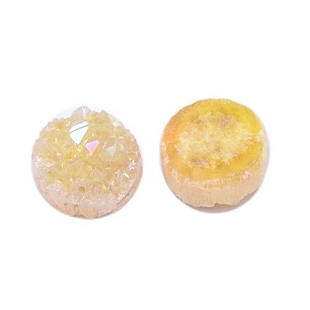 Electroplate Natural Druzy Crystal Cabochons, Flat Round, Dyed, Yellow, 12x3~6mm