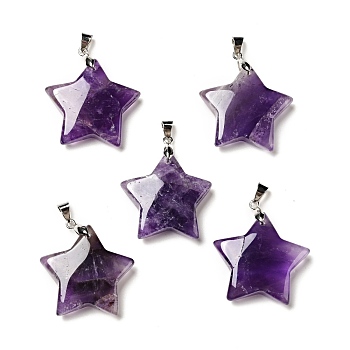Natural Amethyst Pendants, with Platinum Tone Brass Findings, Star Charm, 29x30x8mm, Hole: 6x4mm