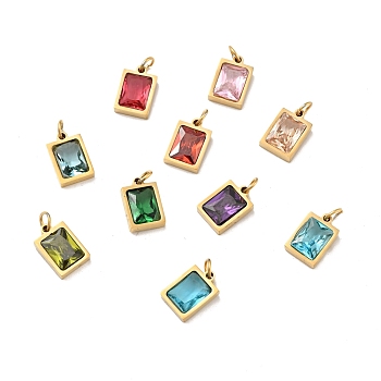 PVD Vacuum Plating 304 Stainless Steel Pendants, with Cubic Zirconia and Jump Rings, Single Stone Charms, Rectangle, Golden, Mixed Color, 11.5x8x3.5mm, Hole: 3.6mm