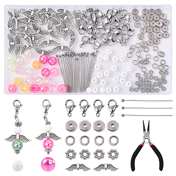 DIY Angel Pendants Making Kits, Including 304 Stainless Steel Lobster Claw Clasp & Ball Head Pins & Beads, Alloy & Acrylic Beads, Carbon Steel Jewelry Pliers, Stainless Steel Color, 12x7x3.5mm, Hole: 1.5mm