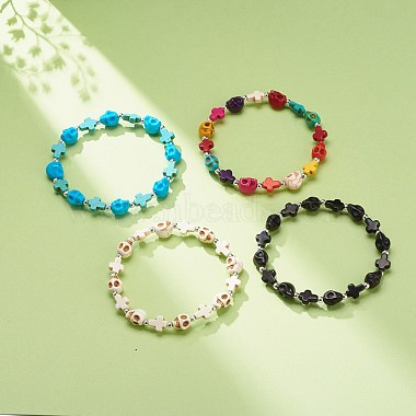 bracelet extensible en perles de turquoise synthétique (teint) avec croix et tête de mort(BJEW-JB08452)-2