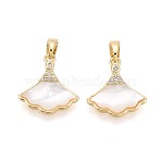 Natural White Shell Pendants, Brass Micro Pave Clear Cubic Zirconia Leaf Charms, Real 18K Gold Plated, 16x15x3mm, Hole: 4.5x3mm(KK-N287-25G)