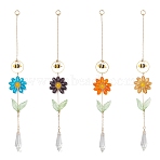 4Pcs 4 Colors Alloy Enamel Bee & Glass Flower Crystal Suncatcher, Natural & Dyed Malaysia Jade and Prism Faceted Cone Hanging Ornament for Window & Garden Decor, Mixed Color, 275x35mm, 1pc/color(HJEW-TA00475)
