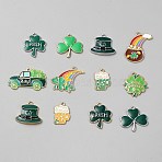 12Pcs Saint Patrick's Day Alloy Enamel Pendants, Platinum & Golden, Clover/Hat/Car, Mixed Color, 19.5~31x13.5~33x1.5~3.5mm, Hole: 1.5~2mm(ENAM-WH0065-98)