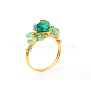 Electroplate Faceted Glass Beads Finger Ring, Real 18K Gold Plated Copper Wire Wrap Ring for Girl Women, Dark Cyan, US Size 8(18.1mm)(X1-RJEW-TA00014-02)