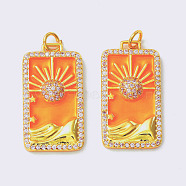 Rack Plating Brass Micro Pave Clear Cubic Zirconia Pendants, with Enamel, Cadmium Free & Nickel Free & Lead Free, Real 18K Gold Plated, Rectangle with Sun, Dark Orange, 27x14x3.5mm, Hole: 3.4mm(KK-D073-24G-03)