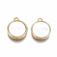 Natural Freshwater Shell Charms, with Brass Findings, Nickel Free, Real 18K Gold Plated, Flat Round, Creamy White, 11x9x1.5mm, Hole: 1mm(KK-T056-101G-NF)