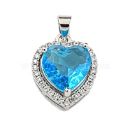 Rack Plating Brass Pendant, with Glass, Heart, Deep Sky Blue, 16.5x13.5x7mm, Hole: 4x3.5mm(KK-H469-02P-11)