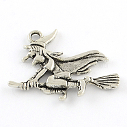 Tibetan Style Halloween Witch Alloy Pendants, Cadmium Free & Lead Free, Antique Silver, 29.5x37x3.5mm, Hole: 3mm, about 300pcs/1000g(TIBEP-Q050-06AS-RS)