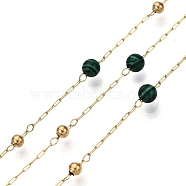 Handmade Malachite Beads Chains, for Necklaces Bracelets Making, with 304 Stainless Steel Chains, Soldered, Real 18K Gold Plated, 4x4mm, bead: 3mm in diameter, links: 2x1.5x0.2mm & 2.5x1x0.2mm, interval: 20mm, about 10m/roll(CHS-T006-22G)