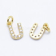 Brass Micro Pave Grade AAA Cubic Zirconia Charms, Letter U, Cadmium Free & Nickel Free & Lead Free, Real 18K Gold Plated, 9x6x1.5mm, Hole: 2mm(X-ZIRC-P067-11G-U-NR)