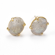 Natural Labradorite Stud Earrings, with Golden Tone Brass Findings, Faceted Oval, 14~14.5x11mm, Pin: 0.8mm(EJEW-L196-04B)