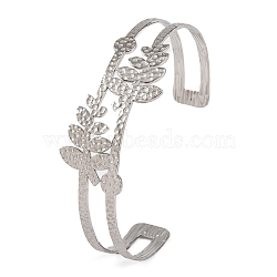 Non-Tarnish 304 Stainless Steel Hollow Leaf Open Cuff Bangles for Women, Stainless Steel Color, 1 inch(2.5cm), Inner Diameter: 2-1/2 inch(6.5cm)(BJEW-K241-03A-P)