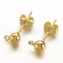 Golden Color Brass Post Earring Findings, with Loop, 15x6mm, Hole: 1mm, Ball: 4mm, Pin: 0.8mm(X-EC593-G)