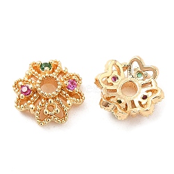 Brass Micro Pave Colorful Cubic Zirconia Bead Caps, Clover, Real 18K Gold Plated, 8x8x3mm, Hole: 1.8mm(KK-F860-77G)