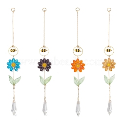 4Pcs 4 Colors Alloy Enamel Bee & Glass Flower Crystal Suncatcher, Natural & Dyed Malaysia Jade and Prism Faceted Cone Hanging Ornament for Window & Garden Decor, Mixed Color, 275x35mm, 1pc/color(HJEW-TA00475)