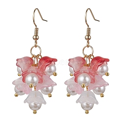 Glass Flower Dangle Earrings, Shell Pearl Cluster Earrings with 304 Stainless Steel Pins, Indian Red, 50x10mm(EJEW-JE05661-01)