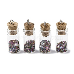 Glass Wishing Bottle Pendant Decorations, with Resin Rhinestone and Glass Micro Beads inside, Cork Stopper and Platinum Iron Screw Eye Pin Peg Bails, Colorful, 30x11mm, Hole: 2mm(GLAA-XCP0001-59)