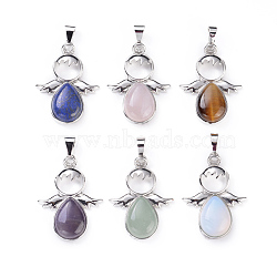 Natural & Synthetic Mixed Gemstone Pendants, with Platinum Plated Brass Findings, Angel, 34x25.5x4.5~6.5mm, Hole: 4~5x7mm, 6 materials, 1pc/material, 6pcs/set(G-X0005-09P)
