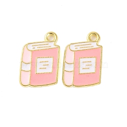 Golden Plated Alloy Enamel Pendants, Cadmium Free & Lead Free, Book Charm, Pink, 17x11x1mm, Hole: 1.6mm(ENAM-Z017-12G-03)