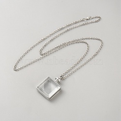 Alloy Locket Pendant Necklaces, with Clear Glass Cabochons, Platinum, Square, 31.50 inch(80cm)(NJEW-WH0020-66A)