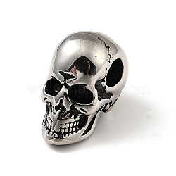304 Stainless Steel European Beads, Large Hole Beads, Skull, Antique Silver, 24x15x19mm, Hole: 6mm(STAS-E058-22AS)